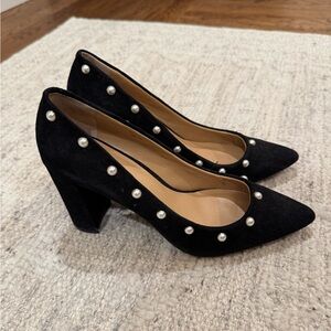 Pearl embellished, black suede heels